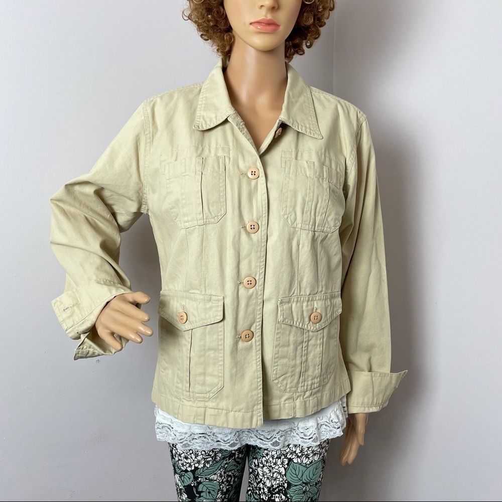 Vintage Shacket Cargo Jacket Spring Coat Button Down Tan Large